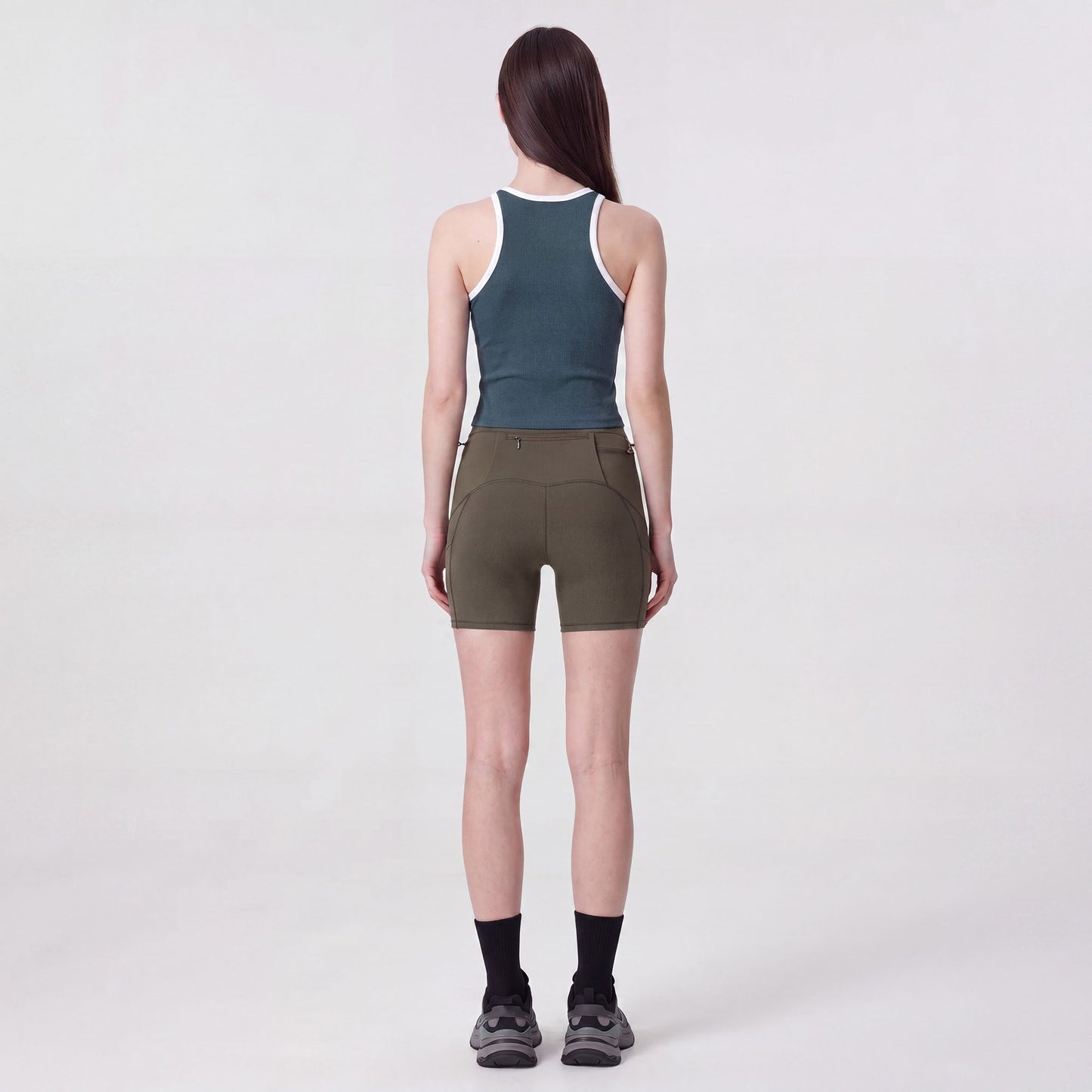 High Waist Ribbed Biker Shorts with Side Pocket and Adjustable Drawcord Detail