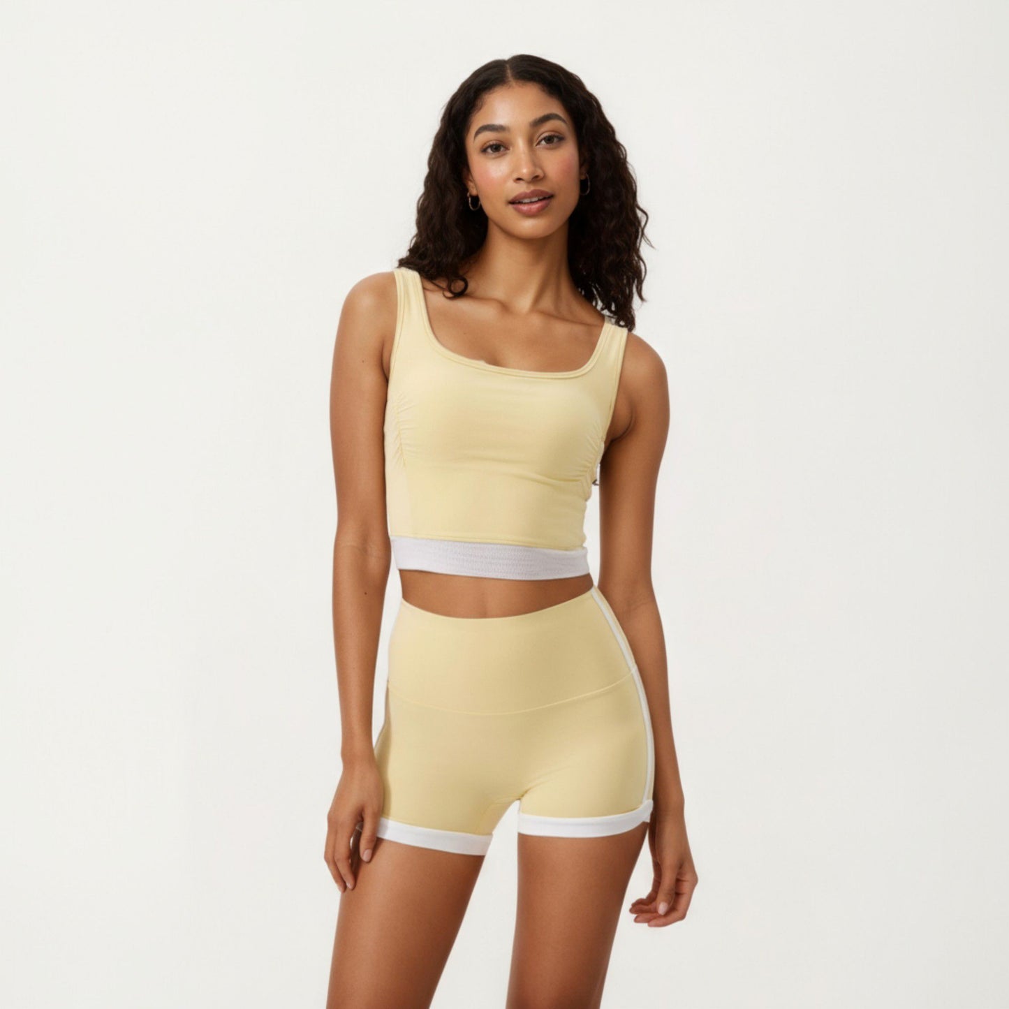 Square Neck Cropped Active Tank Top with Contrast Elastic Hem