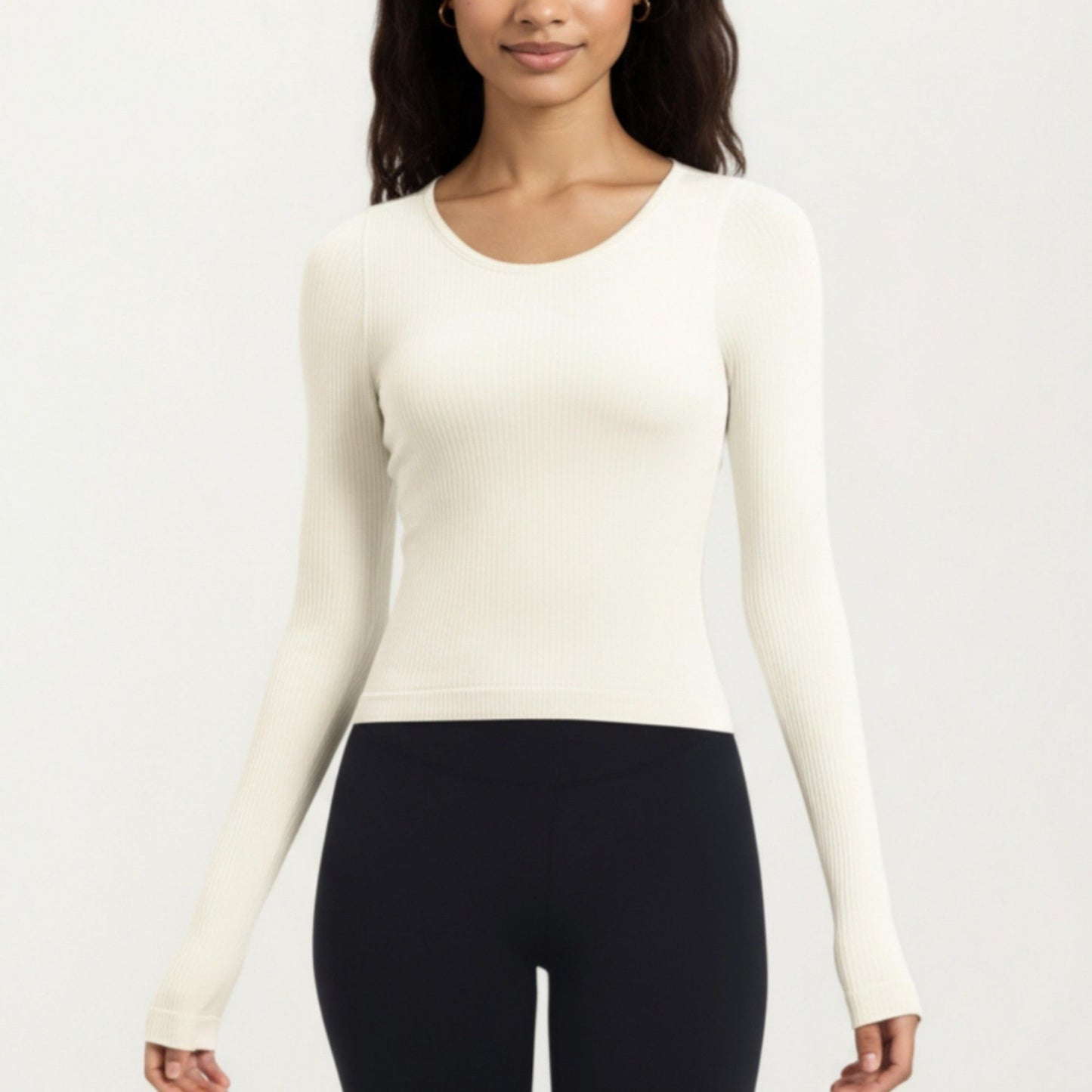 Ribbed Long Sleeve Fitted Top with Crew Neck and Thumbhole Cuffs