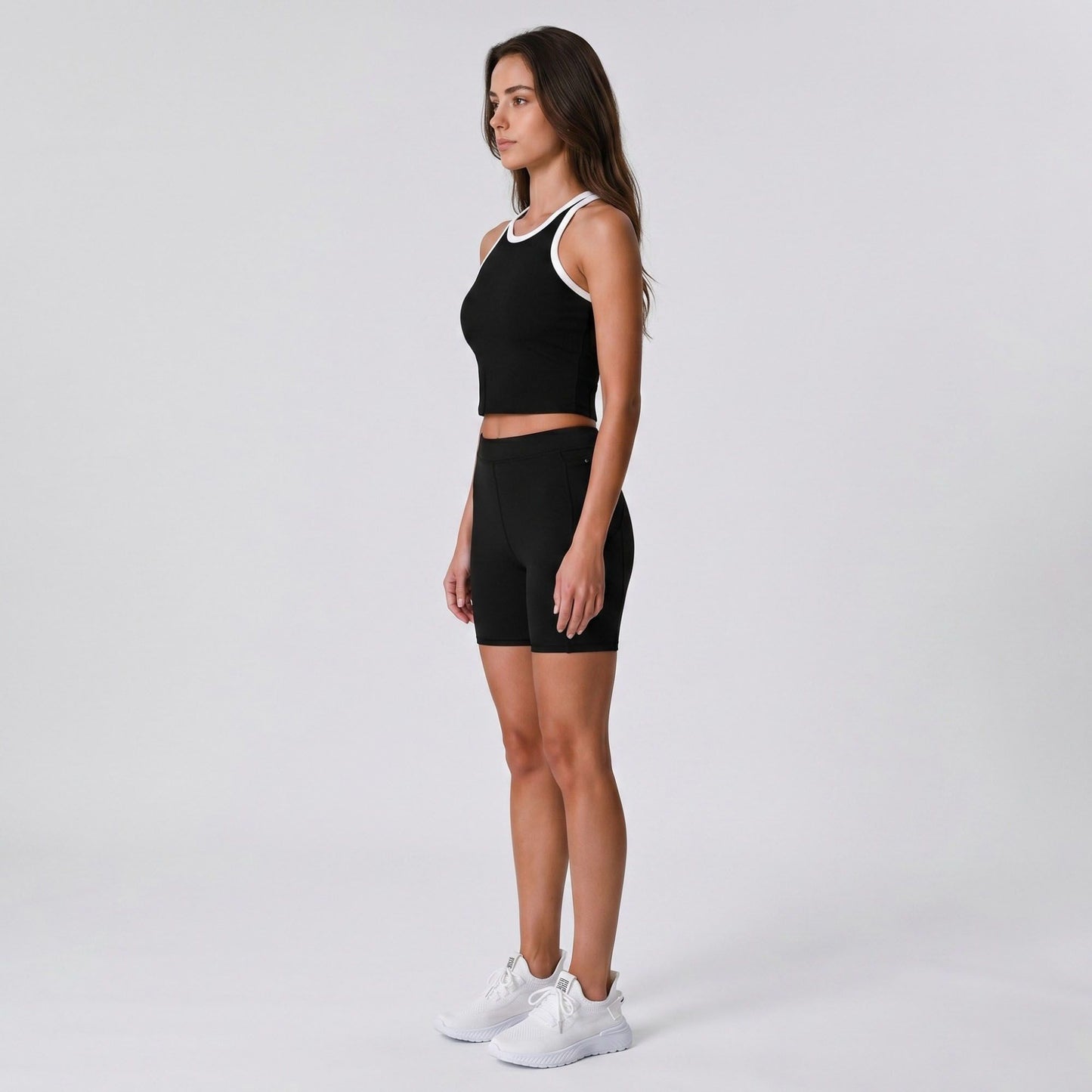 Padded Ribbed High Neck Sports Bra Tank Top Contrast Trim Workout Yoga Crop Top