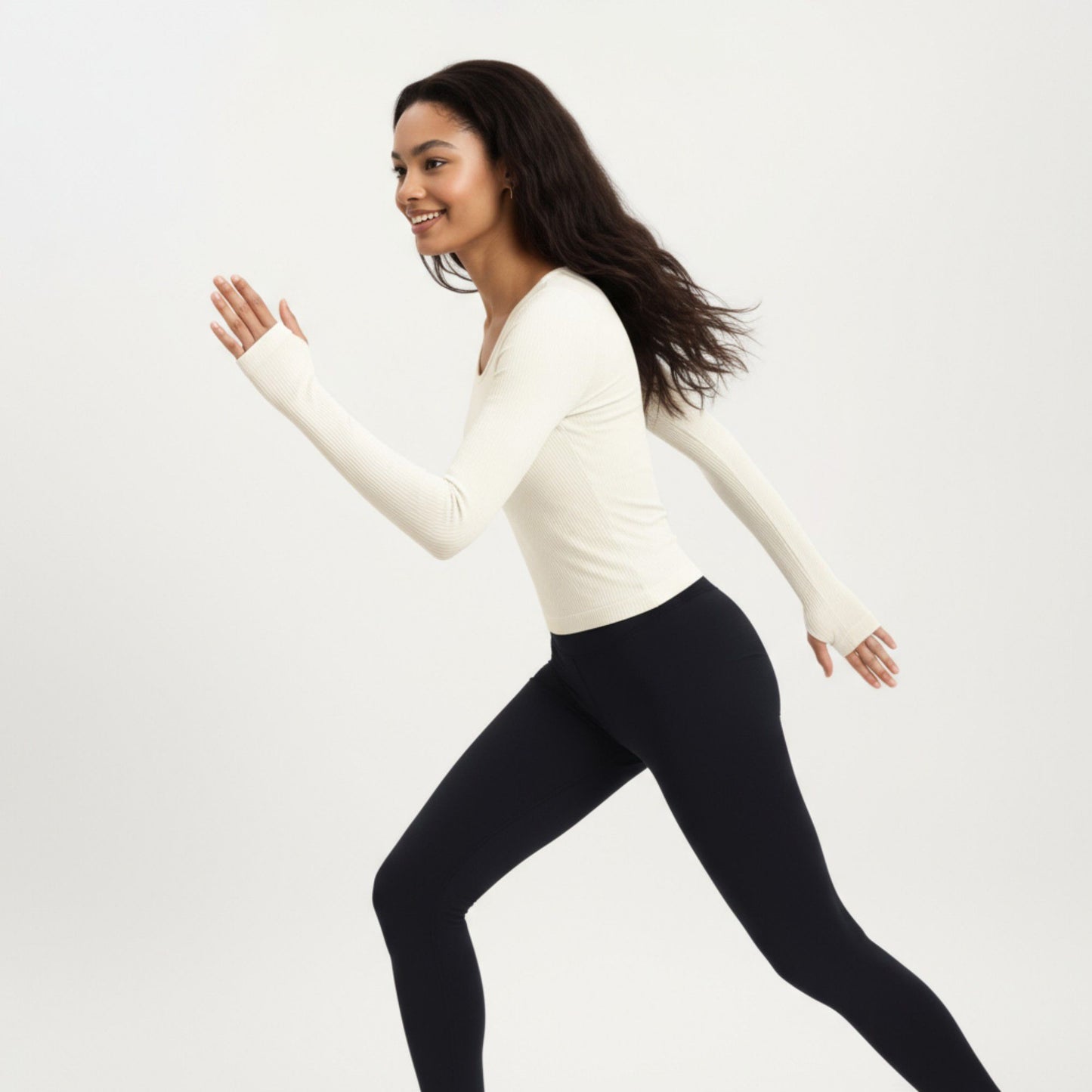 Ribbed Long Sleeve Fitted Top with Crew Neck and Thumbhole Cuffs