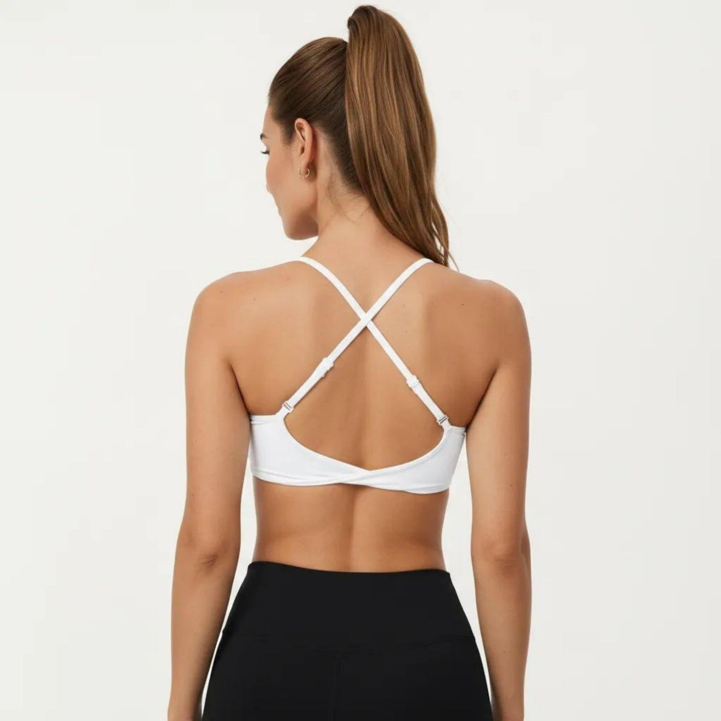 Strappy Sports Bra with Adjustable Cross Back and Scoop Neck Front