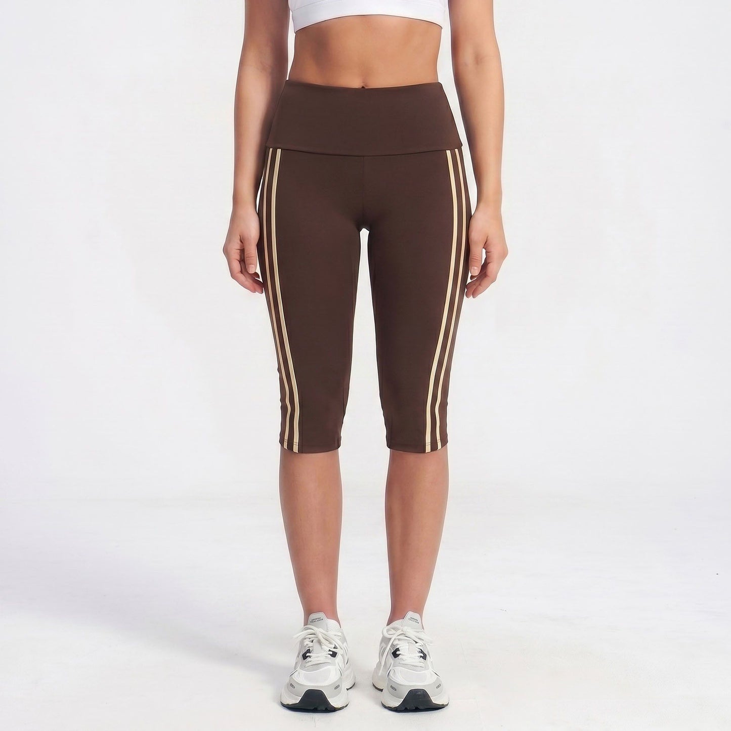 High Waist Side Stripe Capri Leggings Wide Waistband Cropped Workout Yoga Pants