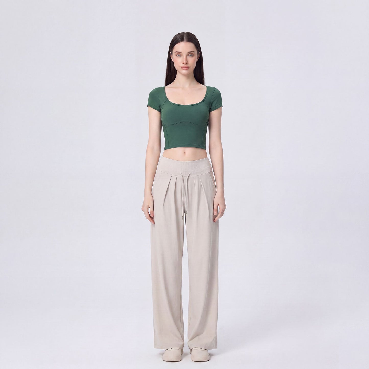 Short Sleeve Cropped Yoga Top with Built In Padding Scoop Neck Contoured Seam Activewear T Shirt