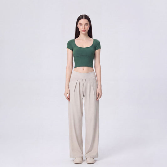 Short Sleeve Cropped Yoga Top with Built In Padding Scoop Neck Contoured Seam Activewear T Shirt