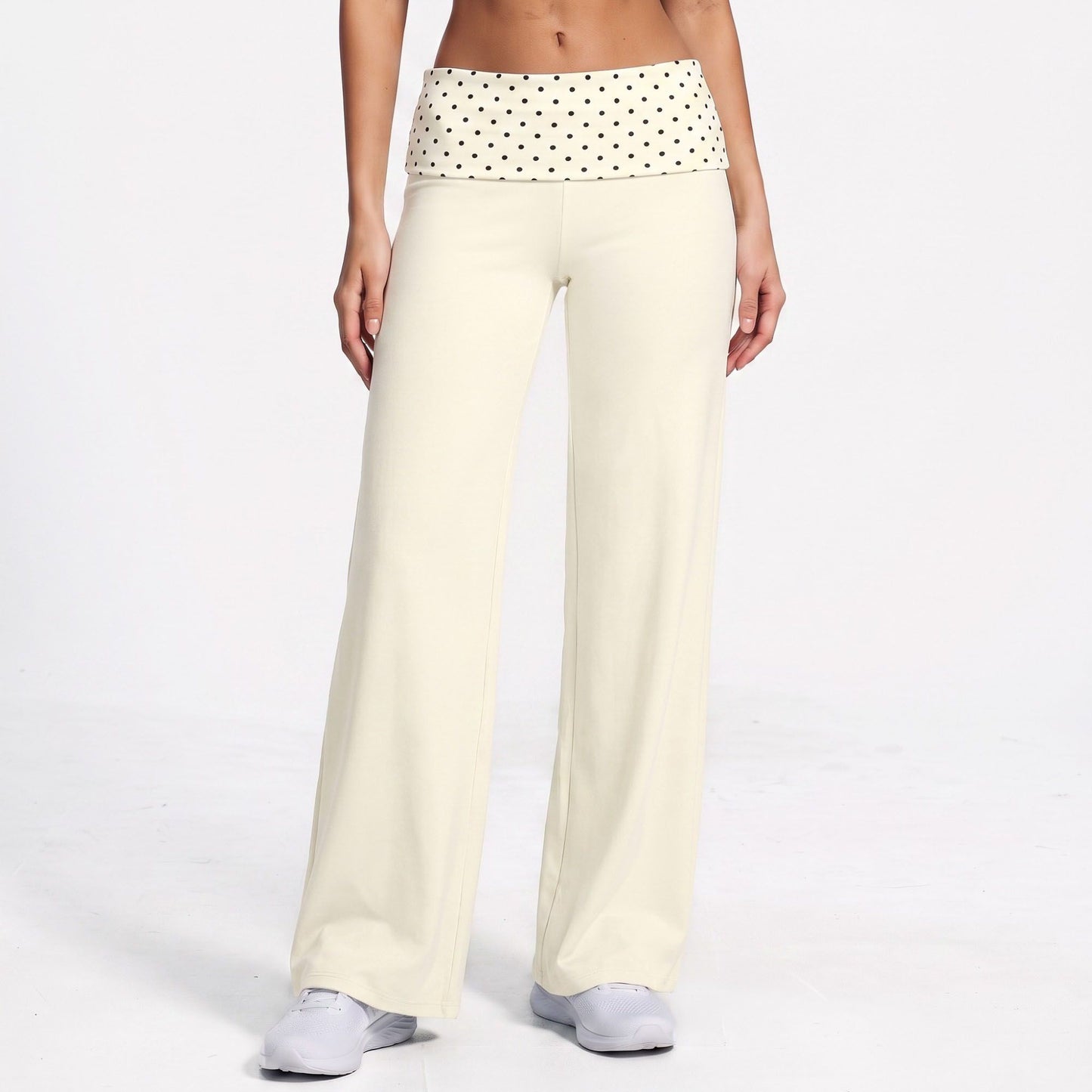 Polka Dot Foldover Waist Wide Leg Yoga Pants Full Length Flowy Workout Trousers
