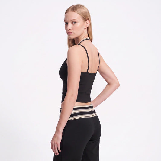Layered Striped Halter Cropped Active Tank Top with Slim Straps for Workouts and Athleisure