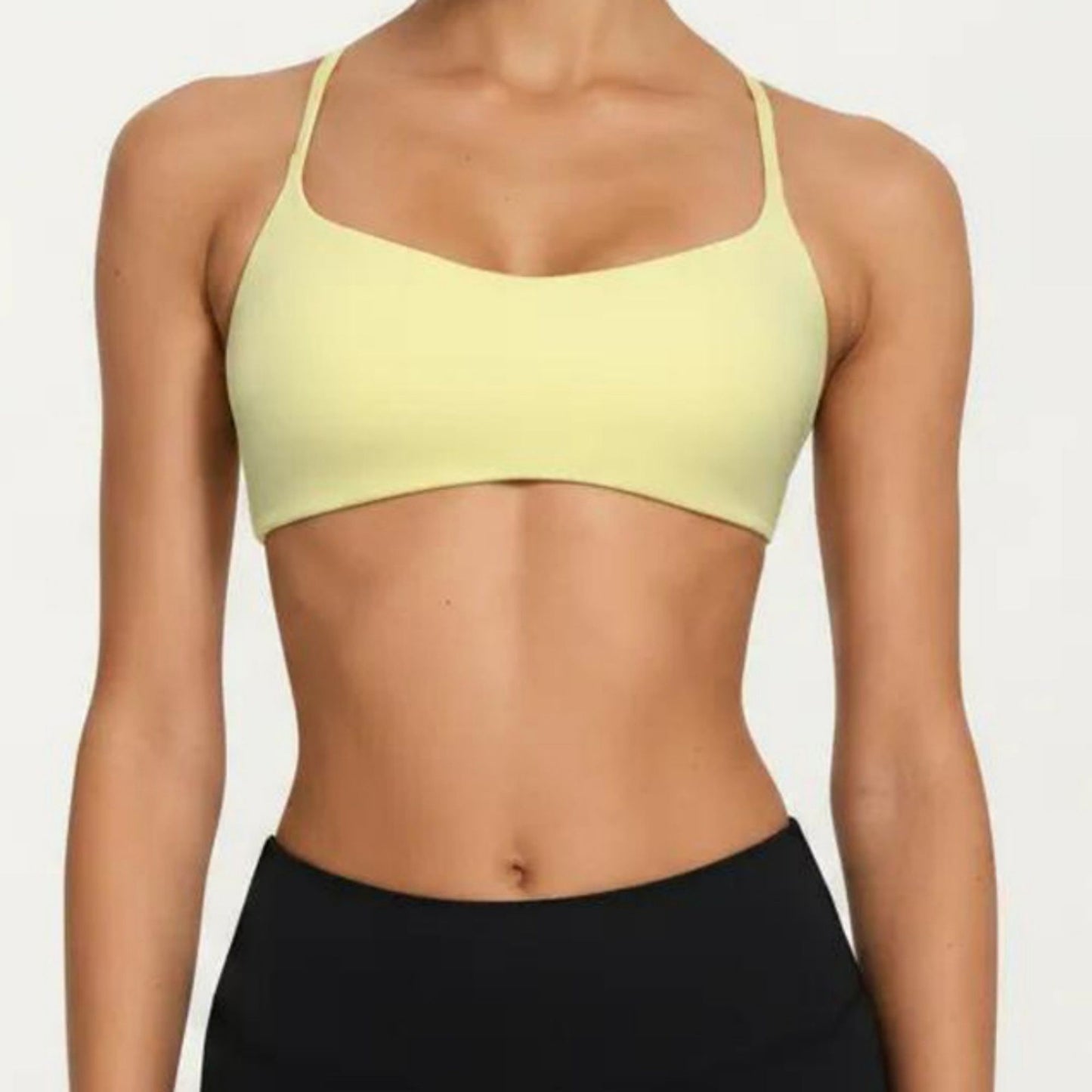 Strappy Sports Bra with Adjustable Cross Back and Scoop Neck Front