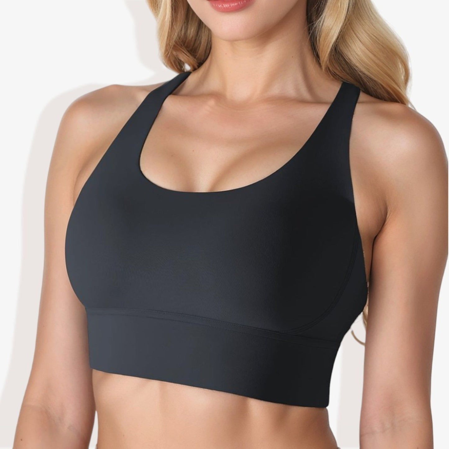 Scoop Neck Stretchy Cropped Banded Criss Cross Back Sports Bra