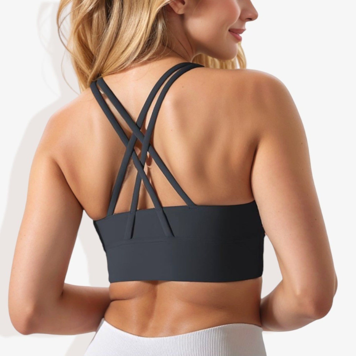 Scoop Neck Stretchy Cropped Banded Criss Cross Back Sports Bra