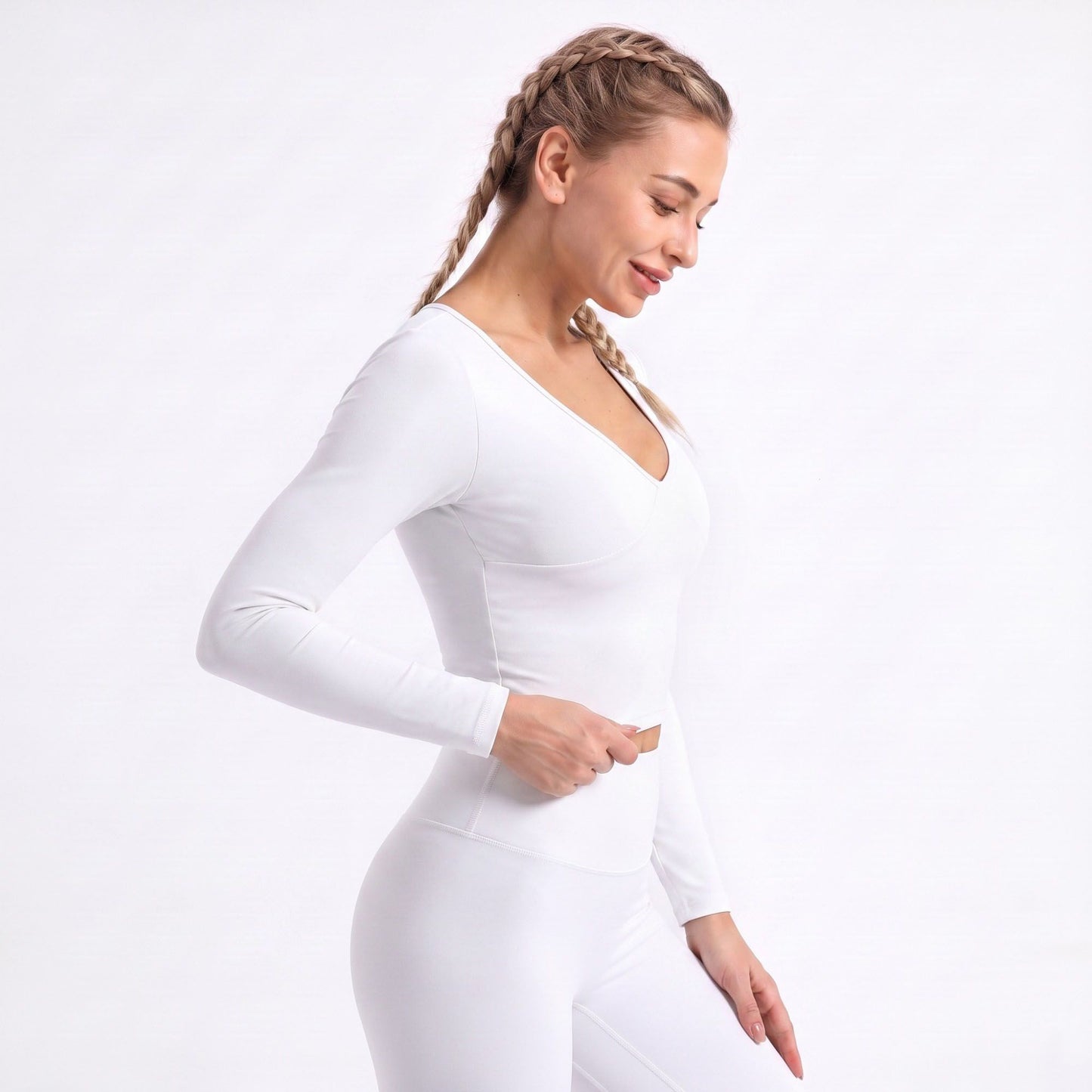 V Neck Long Sleeve Workout Crop Top Fitted Active Shirt