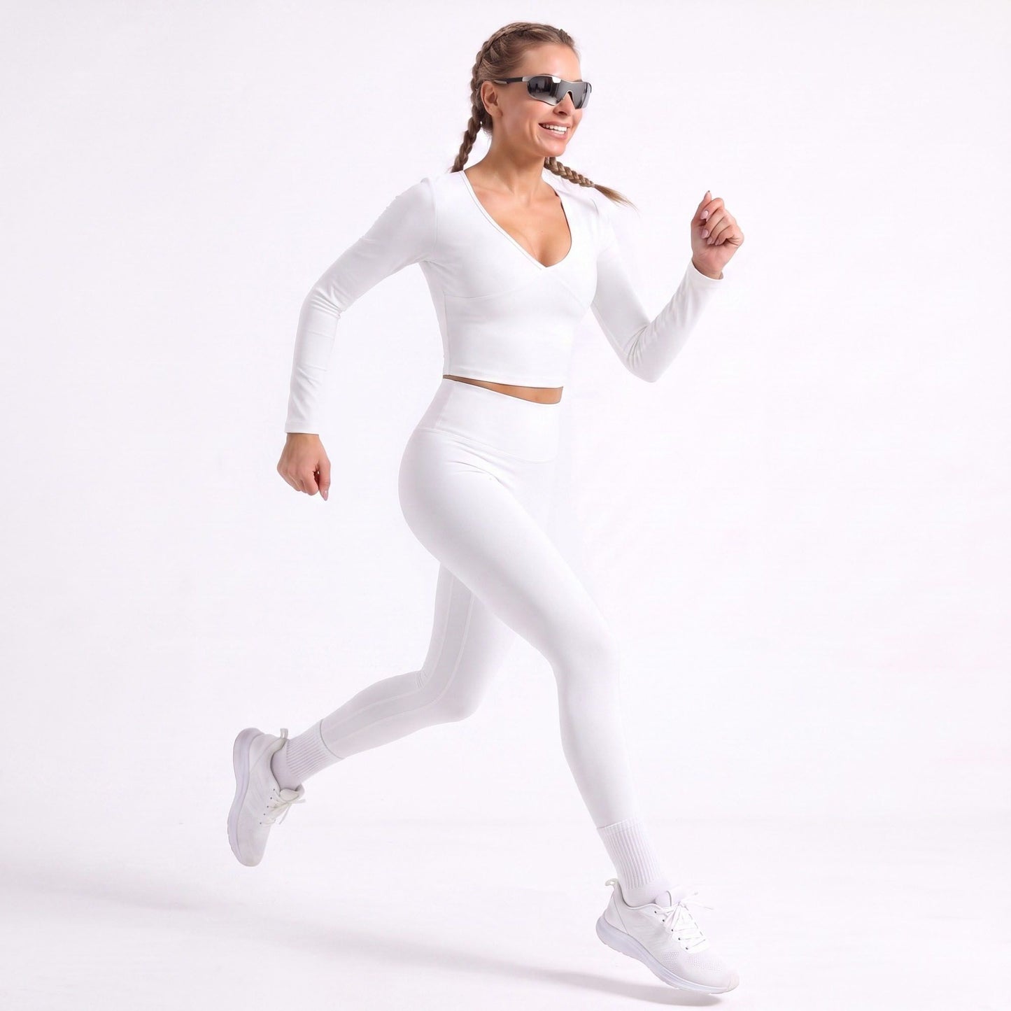 V Neck Long Sleeve Workout Crop Top Fitted Active Shirt