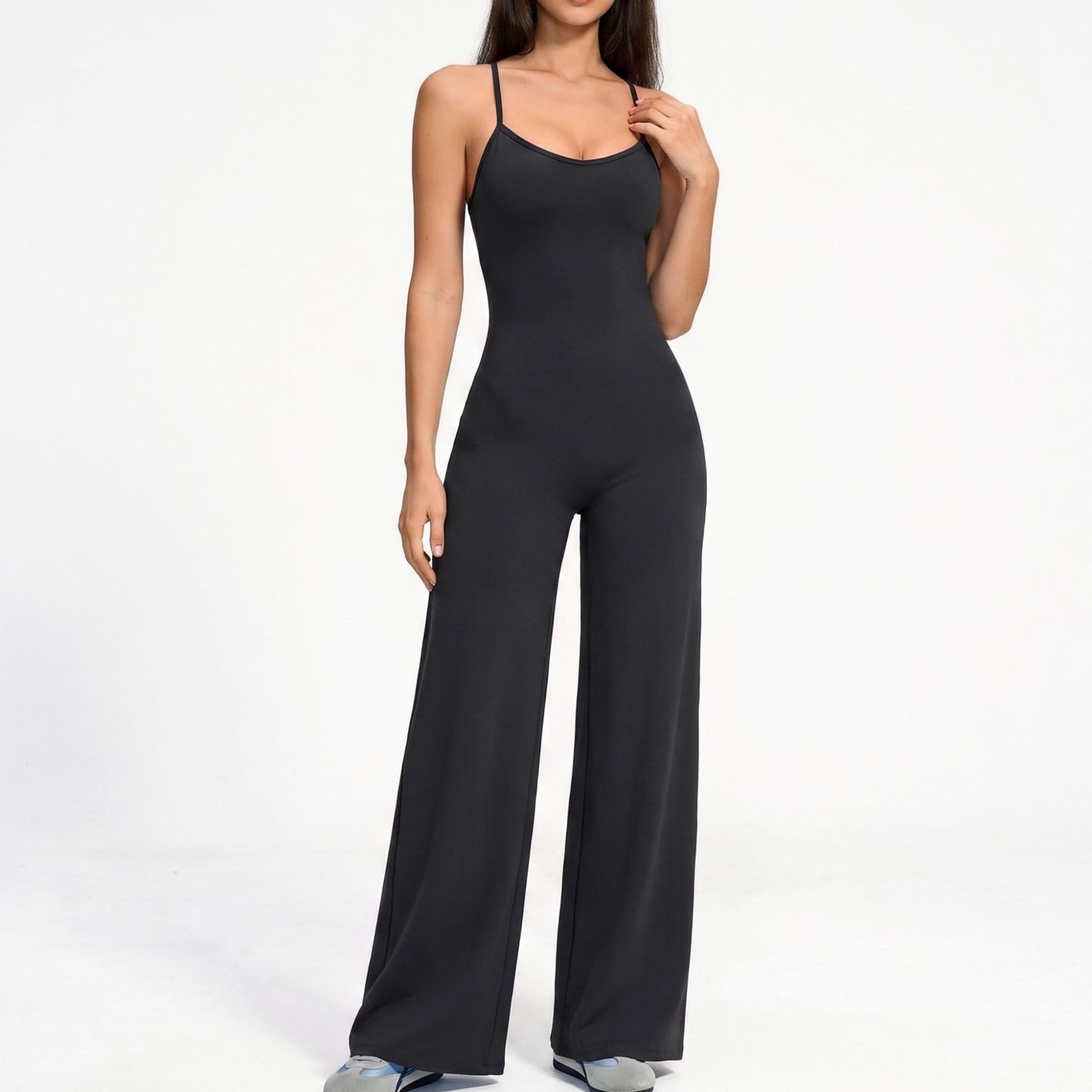 Scoop Neck Wide Leg Athletic Jumpsuit with Adjustable Crisscross Back Straps for Yoga Gym