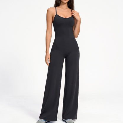 Scoop Neck Wide Leg Athletic Jumpsuit with Adjustable Crisscross Back Straps for Yoga Gym