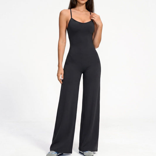 Scoop Neck Wide Leg Athletic Jumpsuit with Adjustable Crisscross Back Straps for Yoga Gym