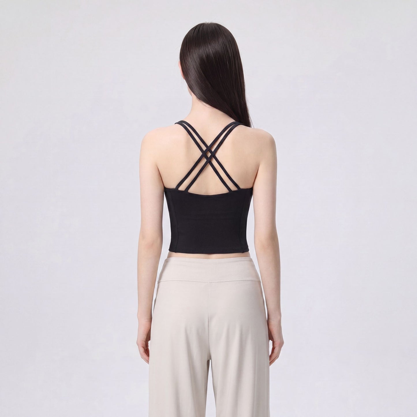 Cropped Yoga Tank Top with Built In Padding Scoop Neck Wide Strap Fitted Activewear Top