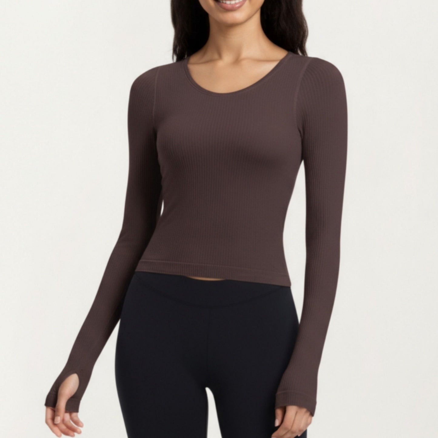 Ribbed Long Sleeve Fitted Top with Crew Neck and Thumbhole Cuffs