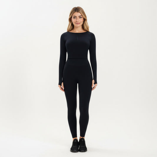 Seamless Long Sleeve Cropped Top with Thumbhole Cuffs and Fitted Waistband