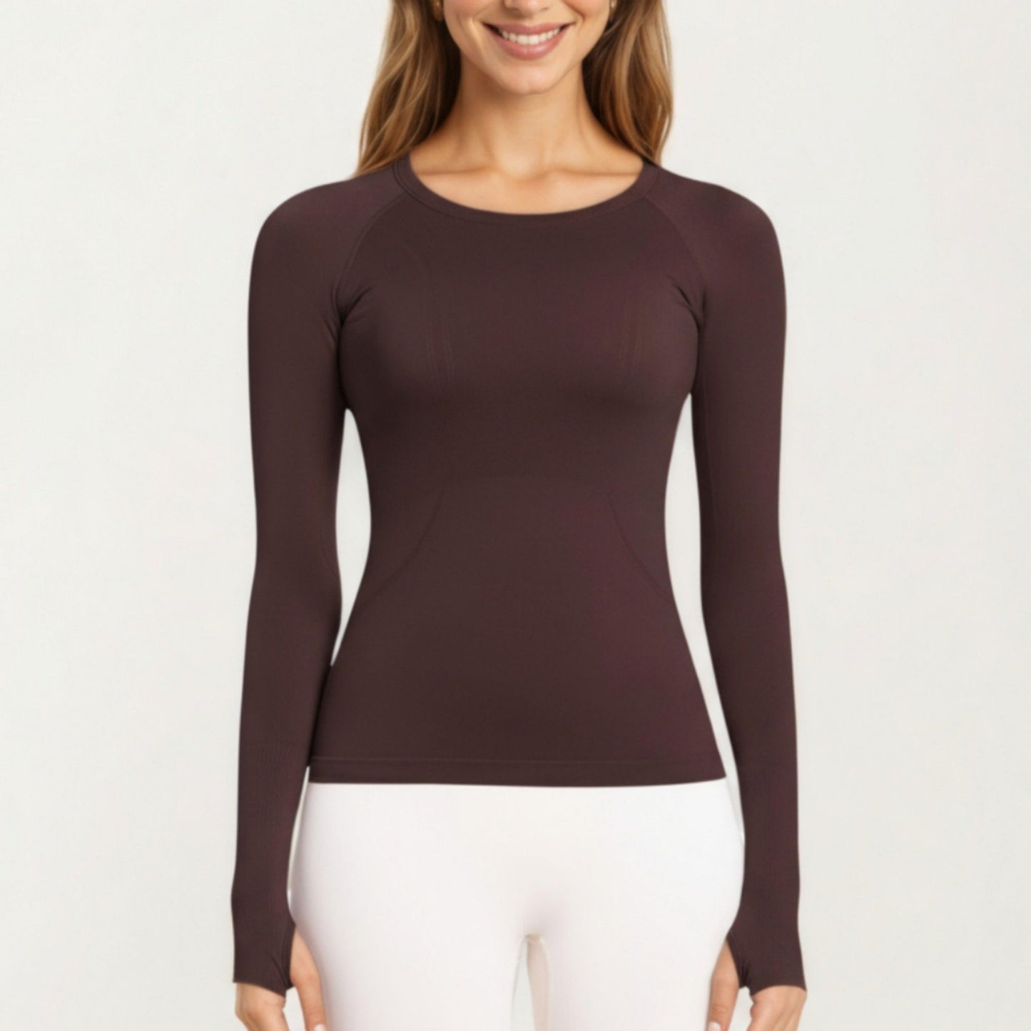 Seamless Long Sleeve Fitted Top with Thumbhole Cuffs and Crew Neck