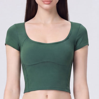 Short Sleeve Cropped Yoga Top with Built In Padding Scoop Neck Contoured Seam Activewear T Shirt