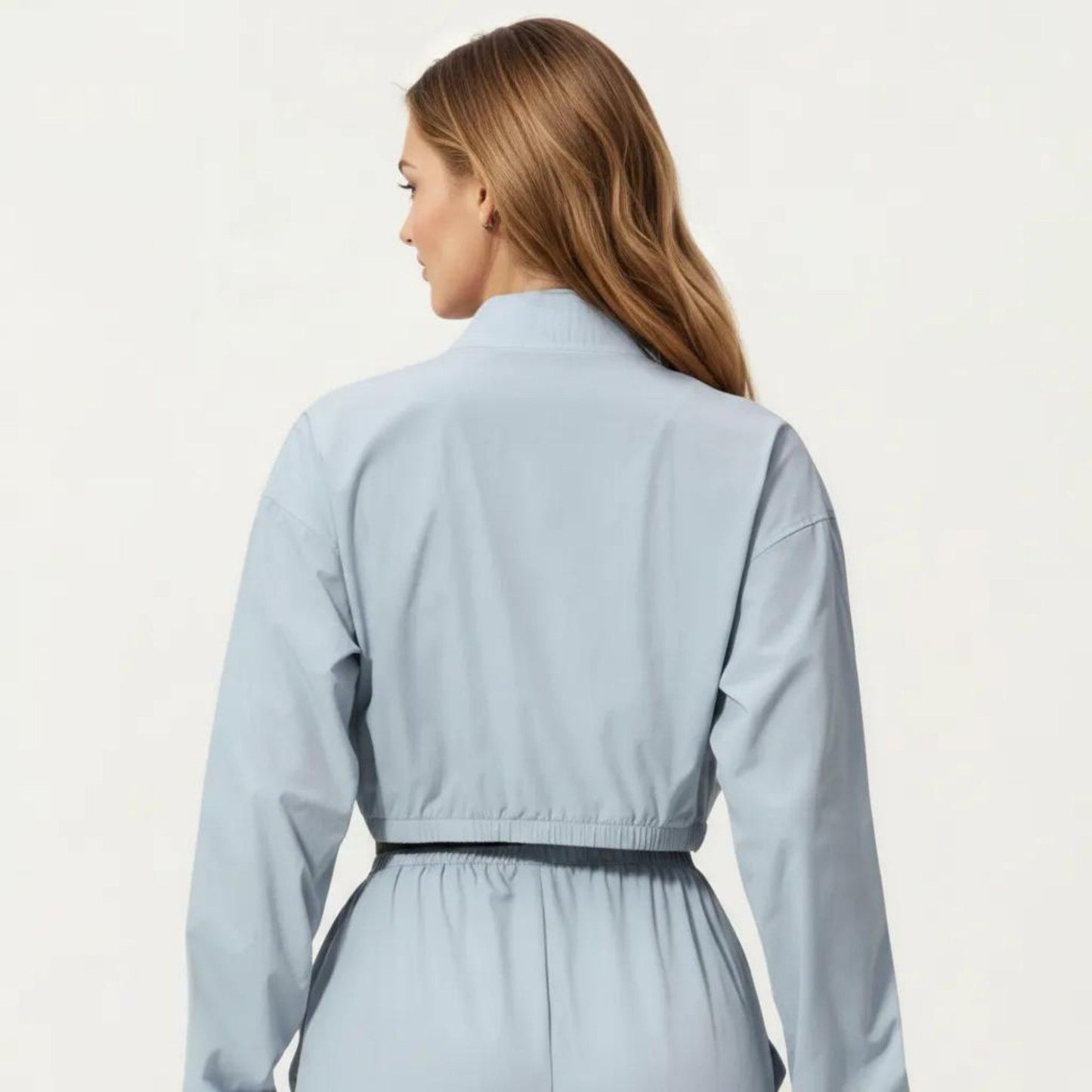 Cropped Zip Front Jacket with Elastic Hem and Long Sleeves