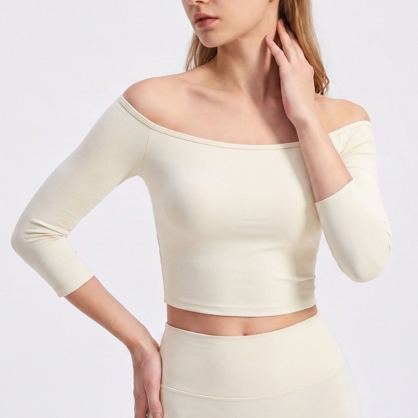 Off Shoulder 3/4 Sleeve Crop Workout Top