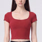 Short Sleeve Cropped Yoga Top with Built In Padding Scoop Neck Contoured Seam Activewear T Shirt