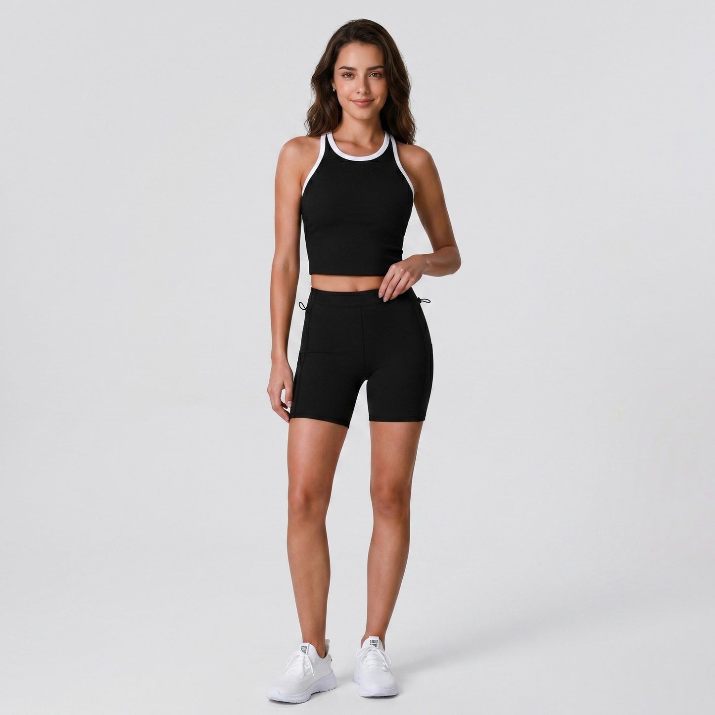 Padded Ribbed High Neck Sports Bra Tank Top Contrast Trim Workout Yoga Crop Top