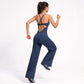 Scoop Neck Wide Leg Athletic Jumpsuit with Adjustable Crisscross Back Straps for Yoga Gym
