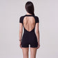 Short Sleeve One Piece Active Romper with Crew Neck Built In Padding Fitted Shorts and Smooth Stretch Fabric