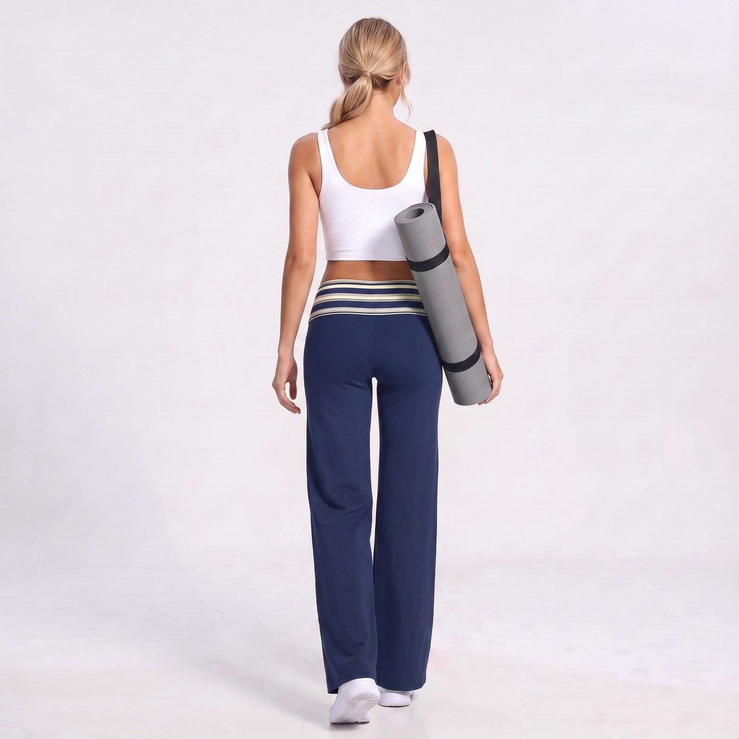 Striped Foldover Waist Wide Leg Yoga Pants Full Length Flowy Workout Trousers