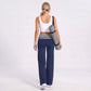 Striped Foldover Waist Wide Leg Yoga Pants Full Length Flowy Workout Trousers