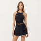High Neck Ribbed Cropped Tank Top with Contrast Piping Trim
