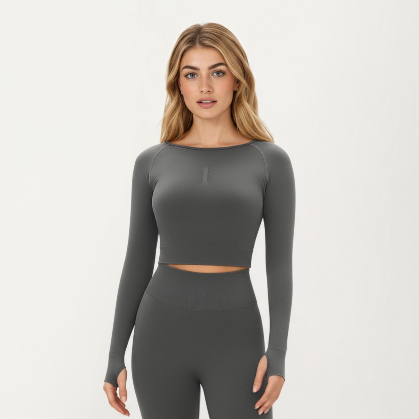 Seamless Long Sleeve Cropped Top with Thumbhole Cuffs and Fitted Waistband