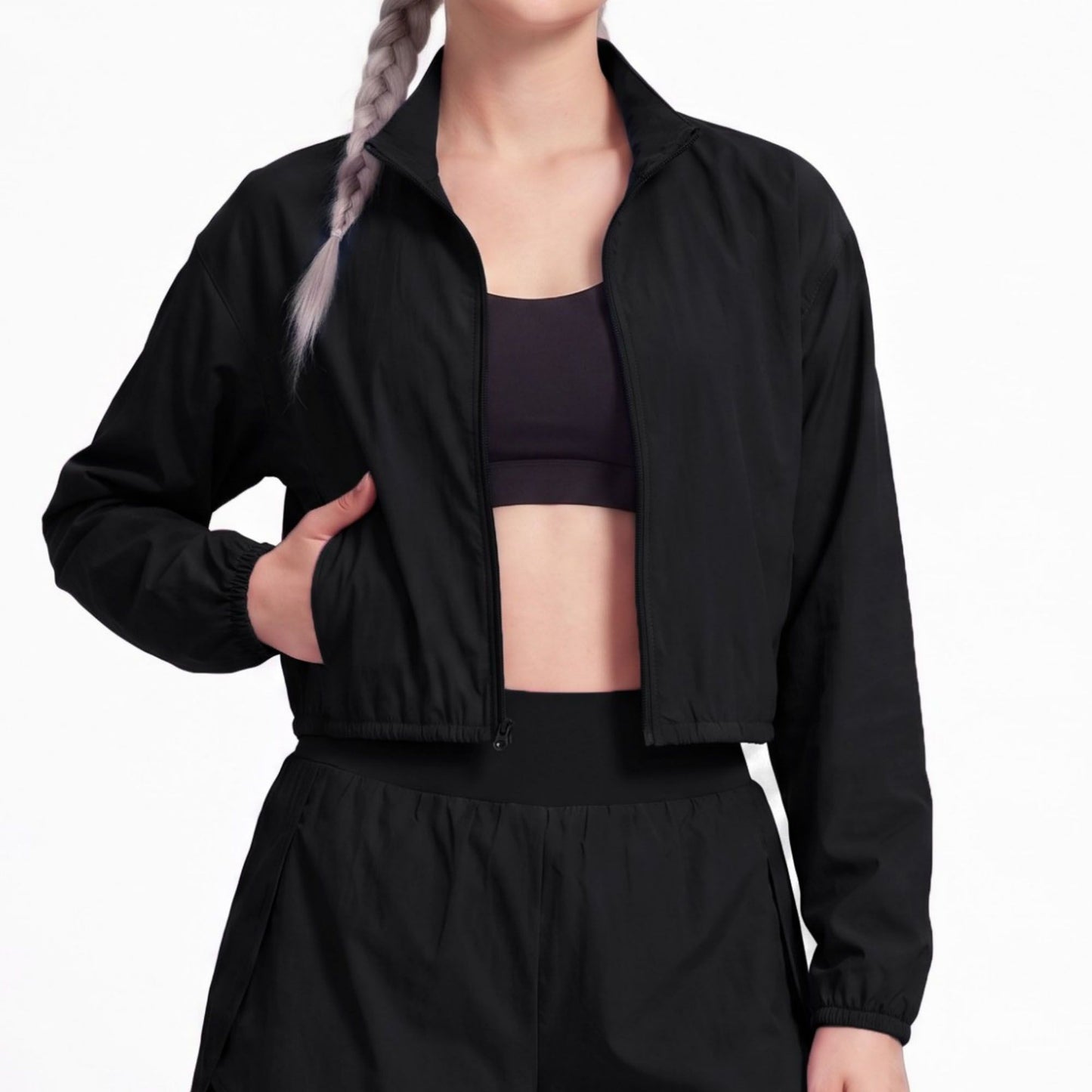 Cropped Full Zip Workout Jacket Lightweight Active Layer