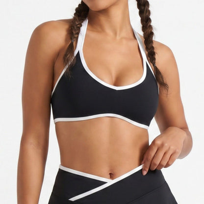Padded Halter Sports Bra Tank Top Contrast Trim Workout Yoga Crop Top