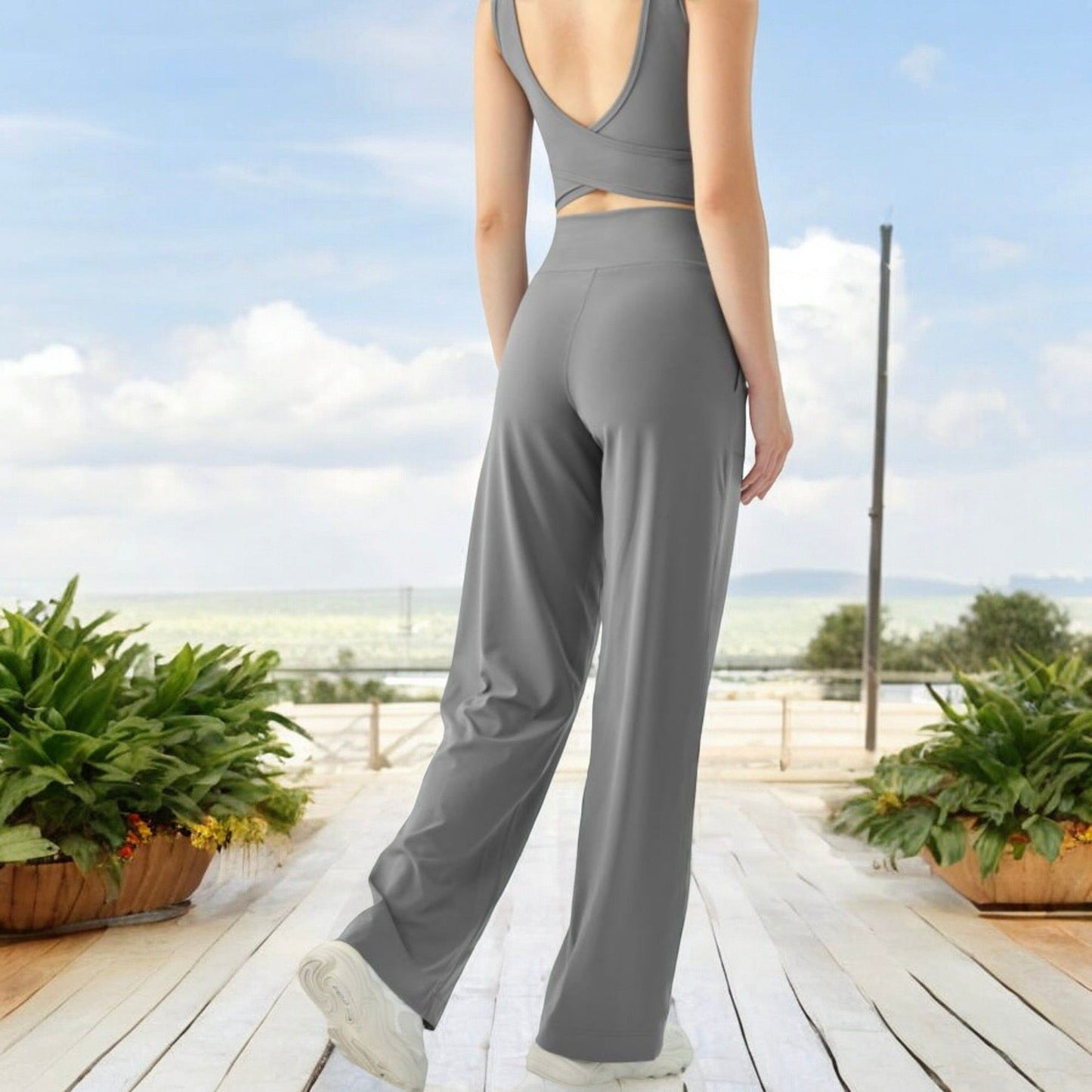 High Waisted Wide Leg Lounge Pants with Drawstring and Pockets