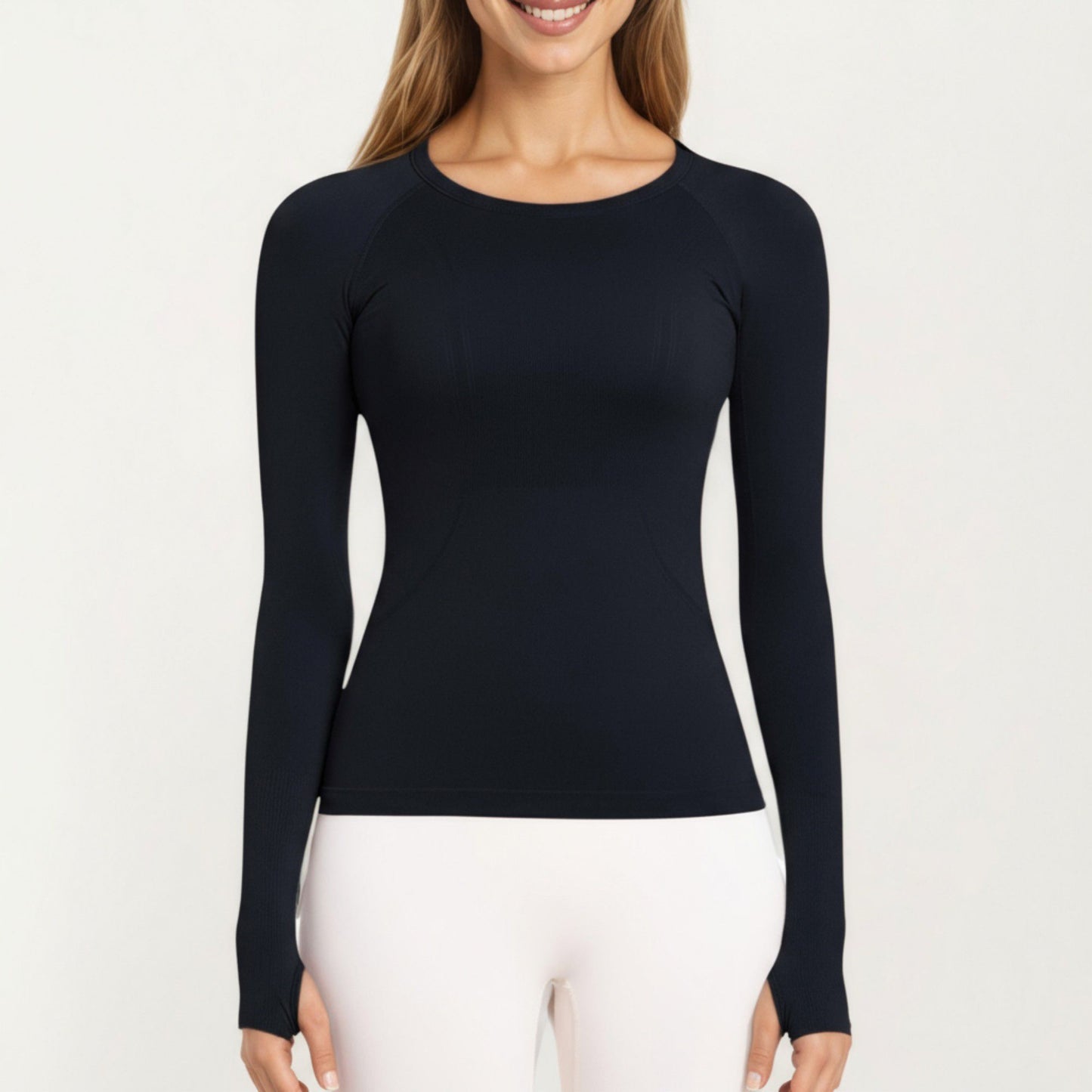Seamless Long Sleeve Fitted Top with Thumbhole Cuffs and Crew Neck