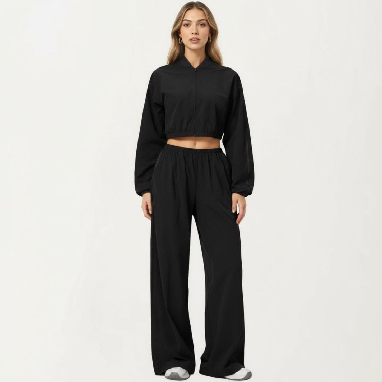 Cropped Zip Front Jacket with Elastic Hem and Long Sleeves