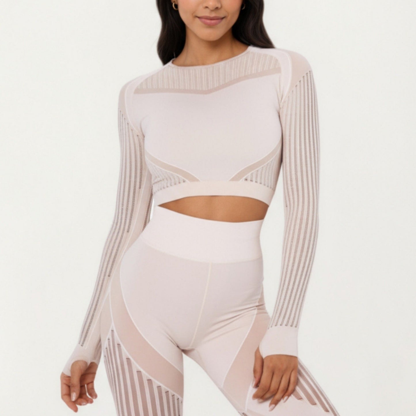 Long Sleeve Seamless Crop Top with Ribbed Texture and Contour Panels