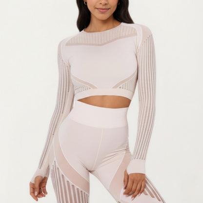Long Sleeve Seamless Crop Top with Ribbed Texture and Contour Panels