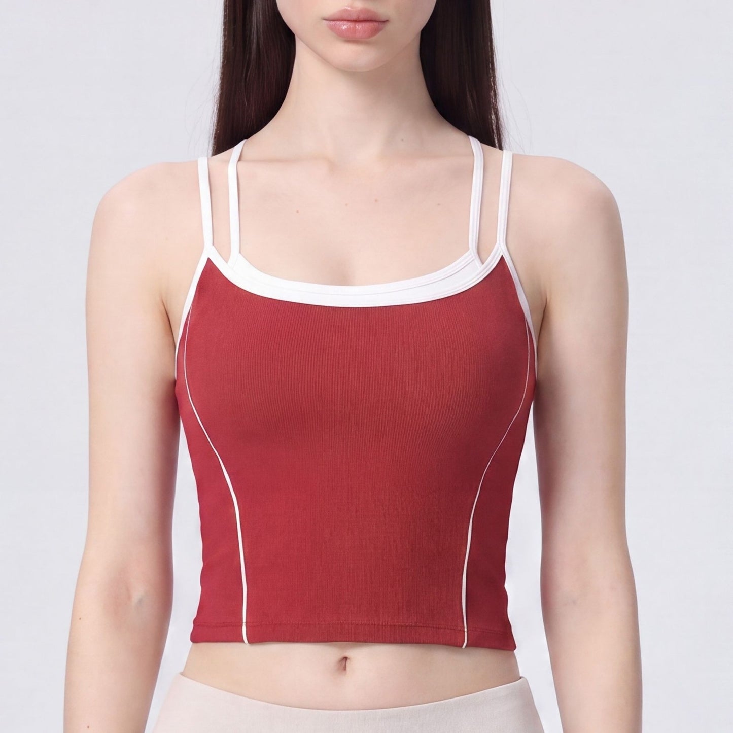 Contrast Trim Double Strap Cropped Cami Tank Top with Fitted Light Support Activewear Design