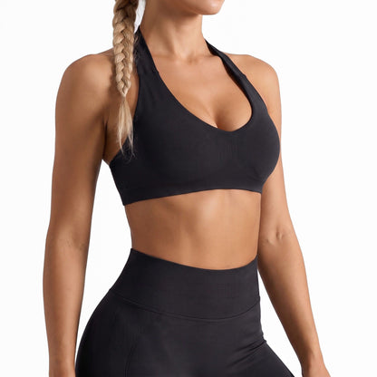 Seamless Halter Sports Bra with Ribbed Underband Open Back Workout Top for Athleisure