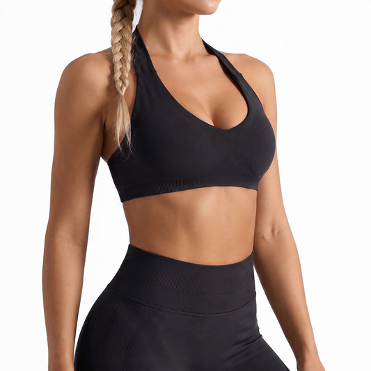 Seamless Halter Sports Bra with Ribbed Underband Open Back Workout Top for Athleisure