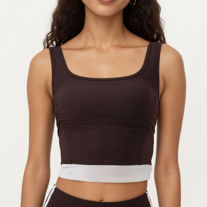 Square Neck Cropped Active Tank Top with Contrast Elastic Hem
