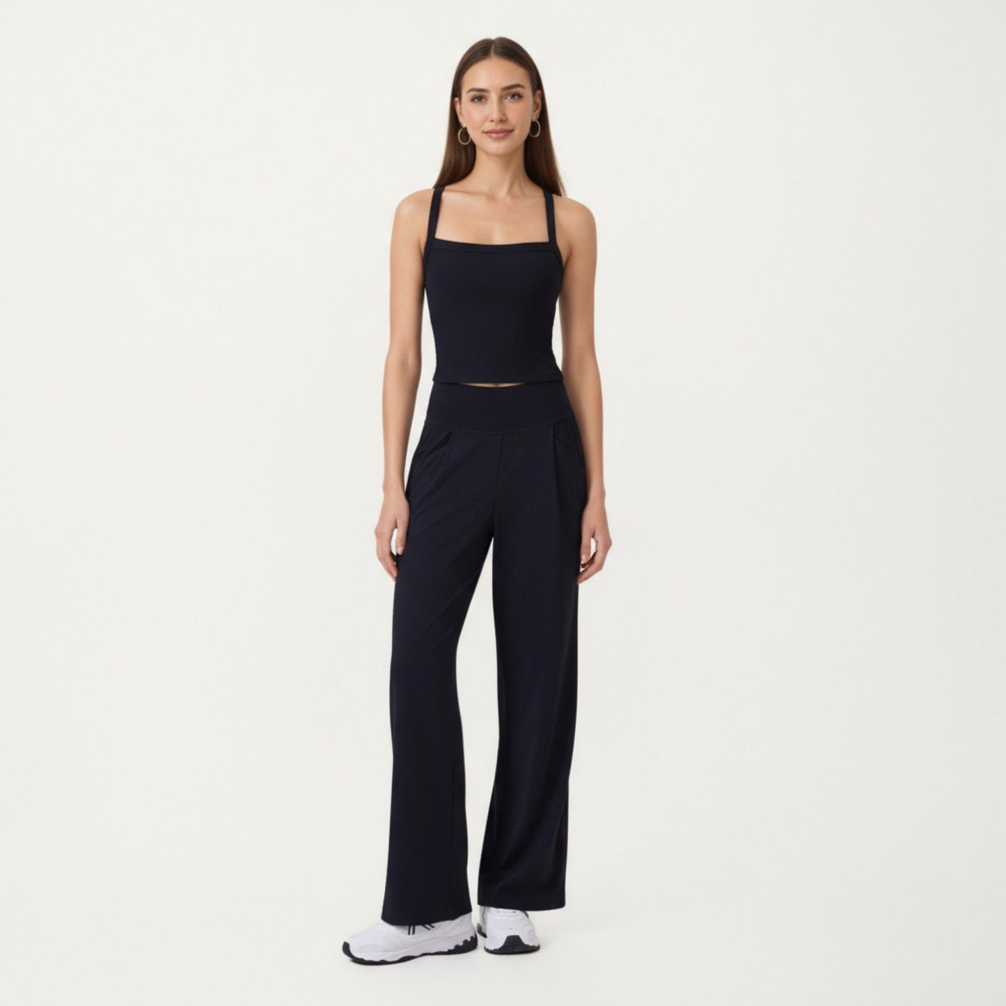 Square Neck Ribbed Knit Cropped Tank Top with Wide Shoulder Straps
