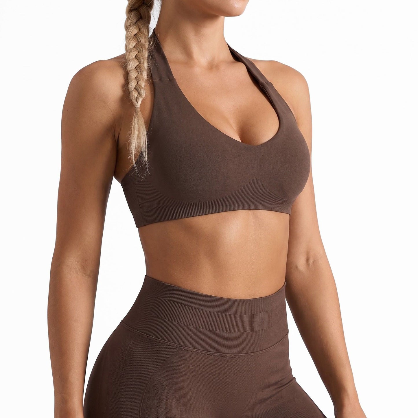Seamless Halter Sports Bra with Ribbed Underband Open Back Workout Top for Athleisure