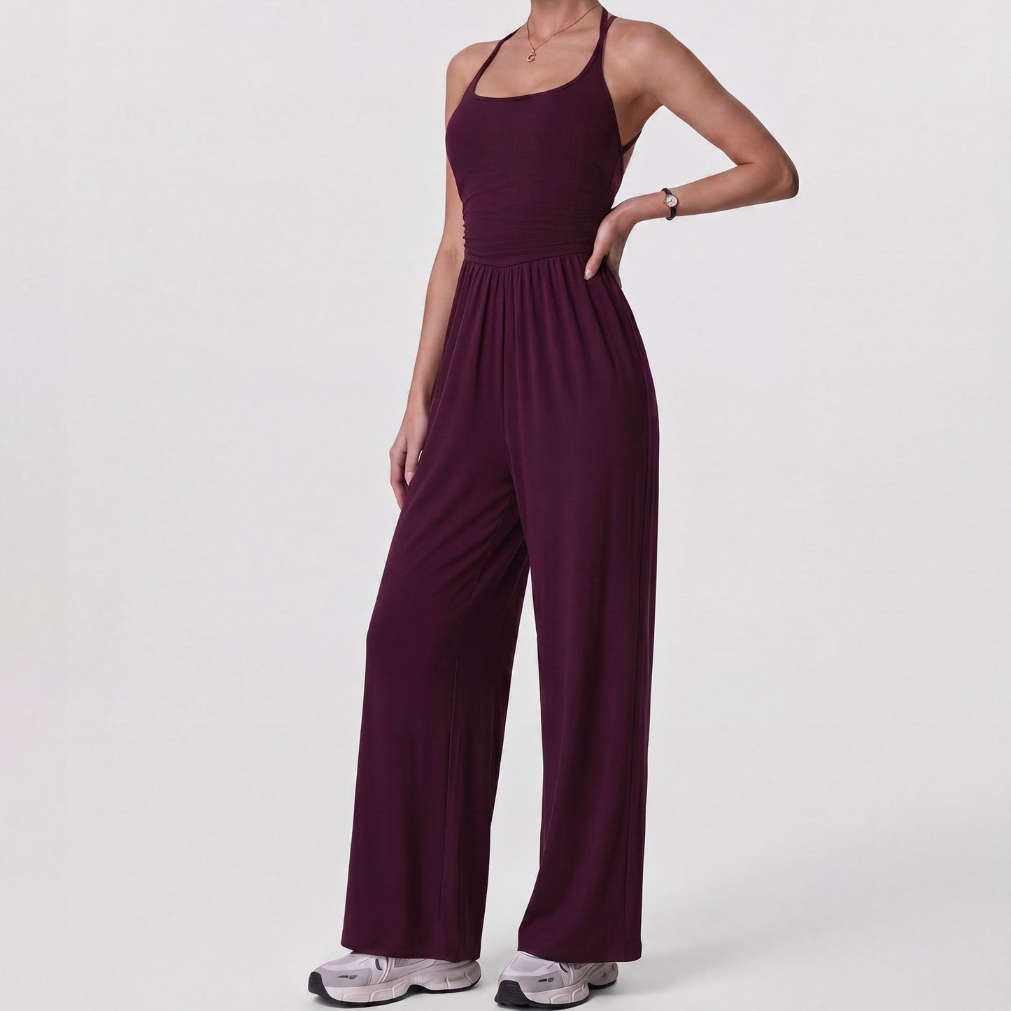 Sleeveless Halter Neck Wide Leg Jumpsuit with Ribbed Bodice Gathered Waist and Flowy Pants