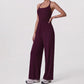 Sleeveless Halter Neck Wide Leg Jumpsuit with Ribbed Bodice Gathered Waist and Flowy Pants
