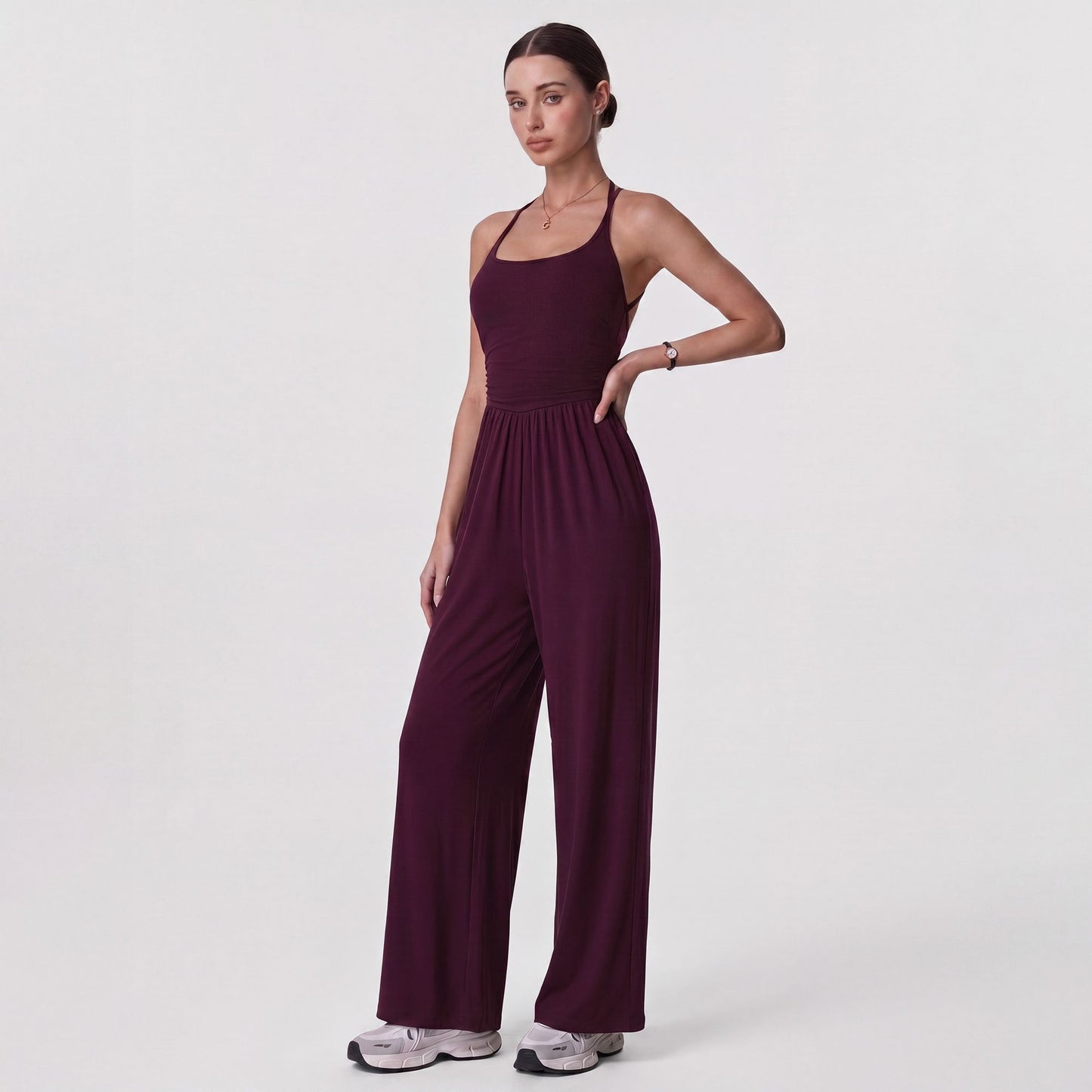 Sleeveless Halter Neck Wide Leg Jumpsuit with Ribbed Bodice Gathered Waist and Flowy Pants